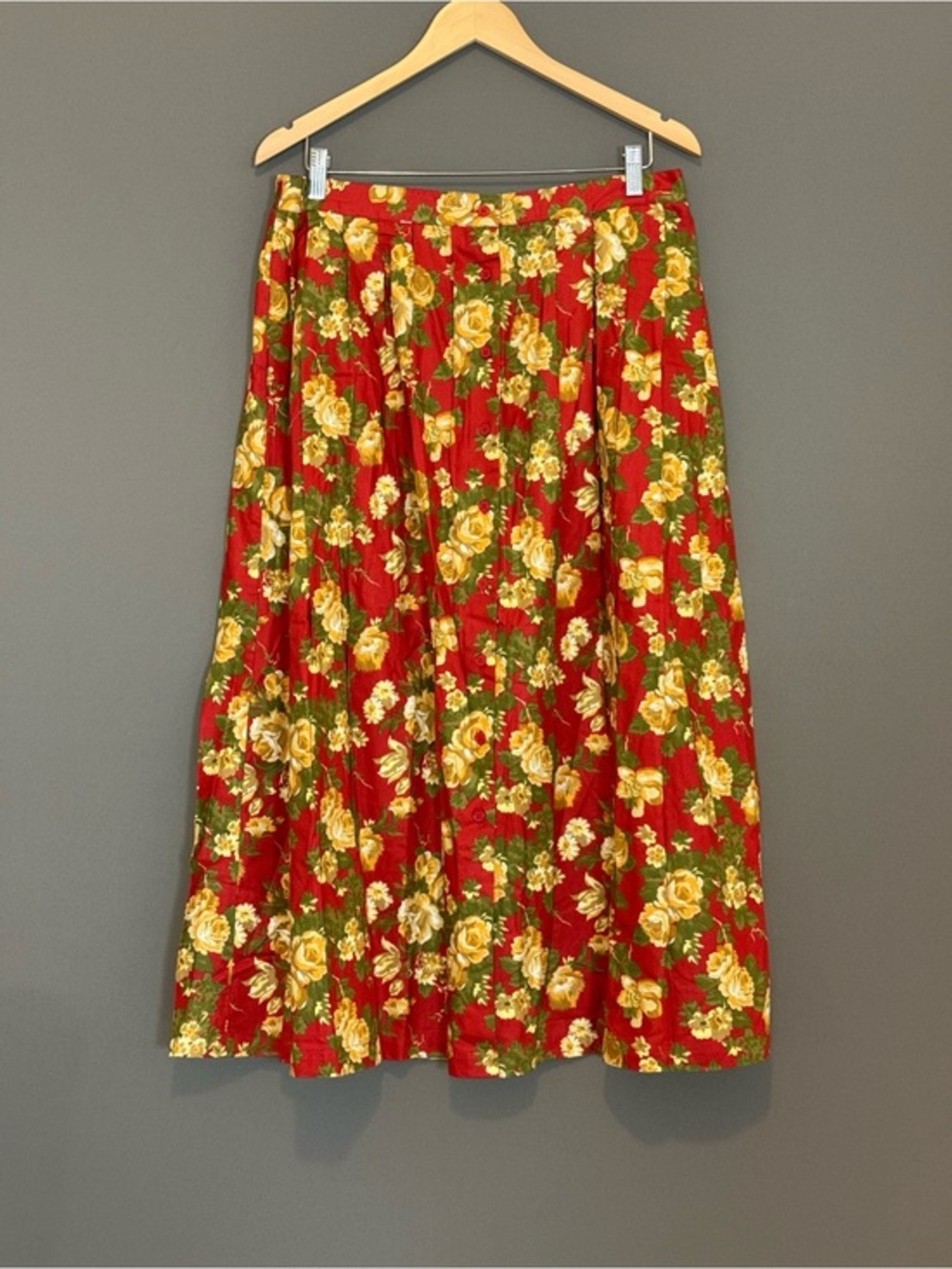 vtg 90s WITT Floral Midi Skirt Red Rose Print Cottagecore Prarie Boho Womens 16